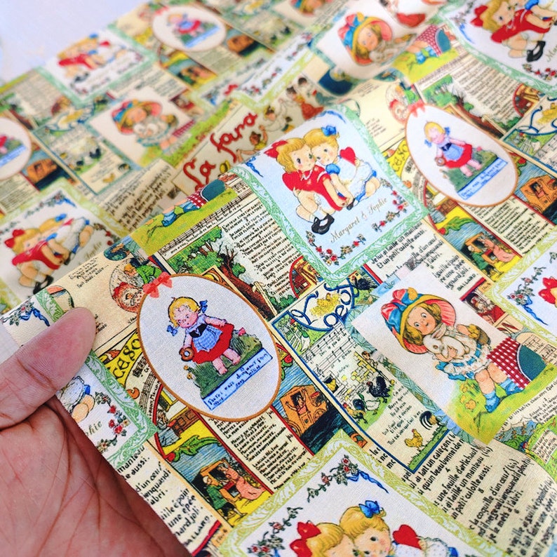 May include: A beige fabric with a repeating pattern of vintage illustrations. The illustrations feature children in various scenes, including playing with toys, reading books, and enjoying nature. The fabric has a light green background with a white border around each illustration. The text in the illustrations is in French.