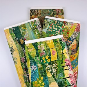 May include: Four rolls of fabric with vibrant floral and landscape patterns. The fabric displays green, yellow, and blue shades, with detailed illustrations of trees, flowers, and foliage. The rolls have white edges.