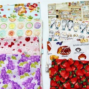 Può includere: Un set di dieci quadrati di tessuto con vari motivi. I motivi includono frutta, spirali, gatti e pasticcini. I tessuti sono tutti in colori pastello.