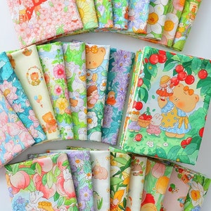 Tela de algodón con dibujos animados de osos y frutas de verano: animales bebés, ciervos, gatos, conejitos, tela de algodón, tela para costura, material textil para bricolaje