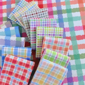 Può includere: Una collezione di quadrati di tessuto piegati in vari colori pastello, con un classico motivo a quadretti. I tessuti sono disposti su una superficie più grande a quadretti, creando un'esposizione colorata e armoniosa.