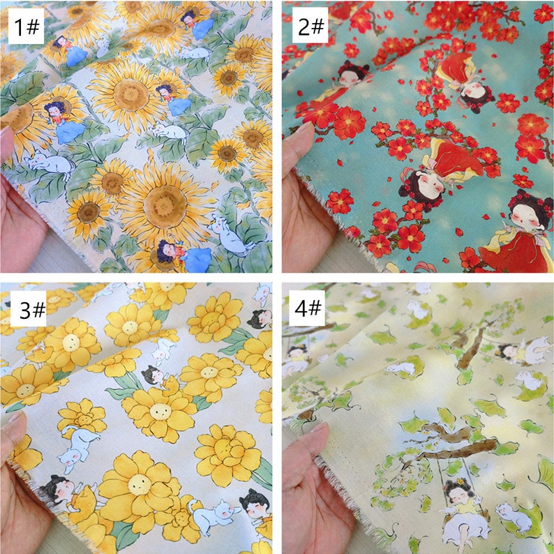 Puede incluir: Cuatro muestras de tela diferentes con varios patrones florales. La primera muestra presenta un patr&oacute;n de girasol amarillo sobre un fondo blanco. La segunda muestra tiene un patr&oacute;n de flores rojas sobre un fondo azul. La tercera muestra tiene un patr&oacute;n de flores amarillas sobre un fondo blanco. La cuarta muestra tiene un patr&oacute;n de hojas verdes sobre un fondo blanco.