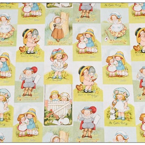 Pode incluir: Um padr&atilde;o repetido de ilustra&ccedil;&otilde;es vintage com crian&ccedil;as em v&aacute;rias cenas com tema de P&aacute;scoa. As ilustra&ccedil;&otilde;es est&atilde;o em uma paleta de cores pastel com um fundo azul claro. As crian&ccedil;as s&atilde;o representadas com chap&eacute;us e segurando cestas, coelhos e outros itens relacionados &agrave; P&aacute;scoa. O texto "An Easter Fairy" aparece na imagem.