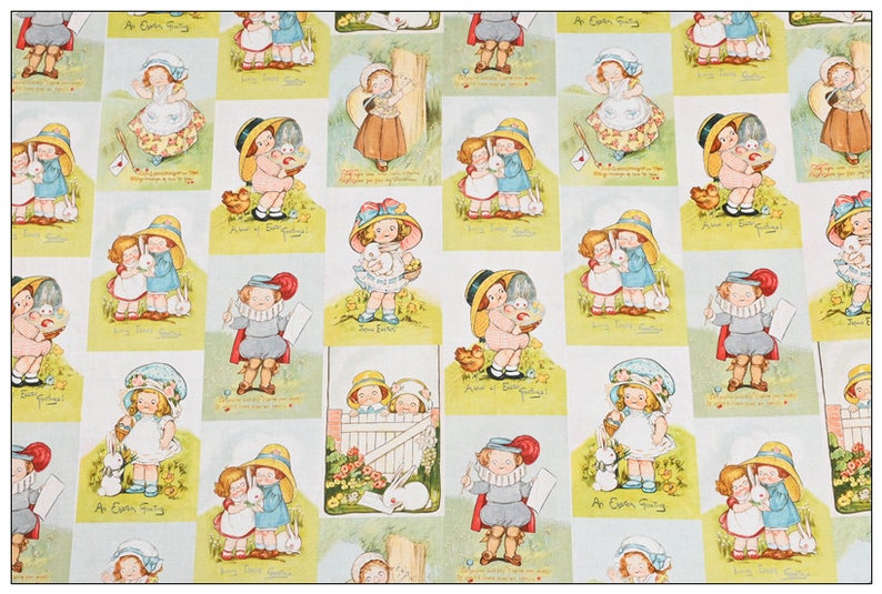 Pode incluir: Um padr&atilde;o repetido de ilustra&ccedil;&otilde;es vintage com crian&ccedil;as em v&aacute;rias cenas com tema de P&aacute;scoa. As ilustra&ccedil;&otilde;es est&atilde;o em uma paleta de cores pastel com um fundo azul claro. As crian&ccedil;as s&atilde;o representadas com chap&eacute;us e segurando cestas, coelhos e outros itens relacionados &agrave; P&aacute;scoa. O texto "An Easter Fairy" aparece na imagem.