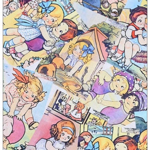 Pode incluir: Um tecido colorido com um padr&atilde;o repetitivo de crian&ccedil;as brincando. As crian&ccedil;as s&atilde;o representadas em estilo de desenho animado e usam roupas variadas. O tecido &eacute; perfeito para projetos de artesanato, como fazer colchas, almofadas ou bolsas.