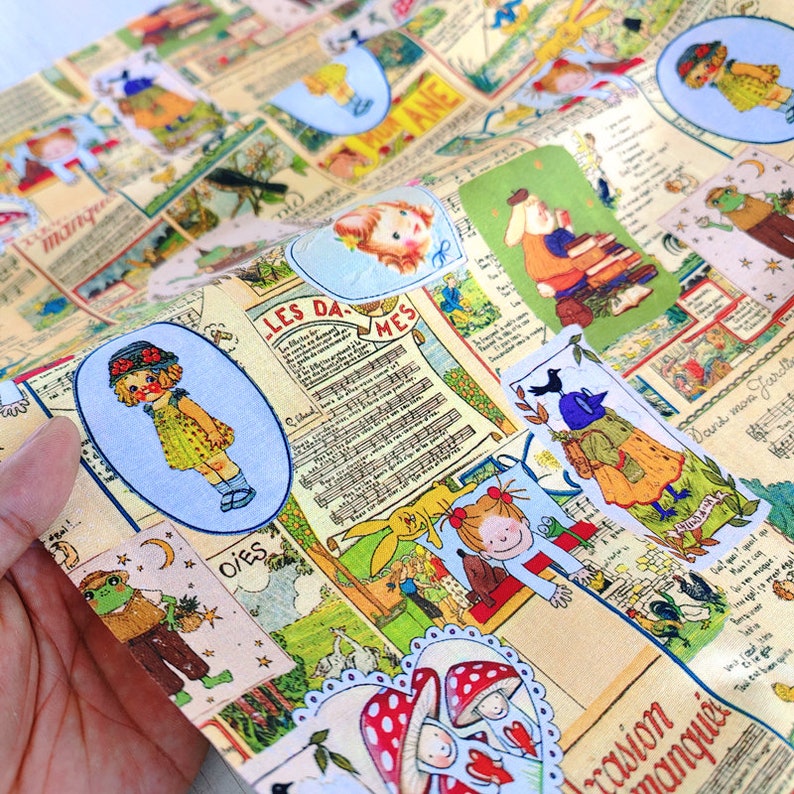 May include: A colorful fabric with a repeating pattern of vintage illustrations. The illustrations include children, animals, and flowers. The fabric is printed on a cream background.