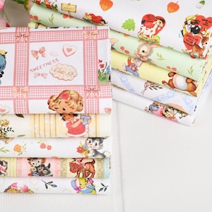 Retro Rabbit Bear Fabric Cotton Fabric - Retro animals Printed Cute Girl Fabric 100% Cotton Fabric Needlework Fabric for Crafting