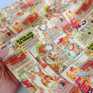 May include: A colorful fabric with a repeating pattern of vintage illustrations. The illustrations include a rabbit, a girl in a red dress, and a musical score. The fabric is printed with French text, including "Je m'en vais en menage" and "Le Mon."