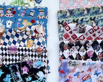 Tecido de algodão, tecido Alice, algodão estampado Alice, 100% algodão liso, tecido para artesanato, tecido para patchwork, meio metro, tecido quadriculado com desenho animado em forma de diamante.
