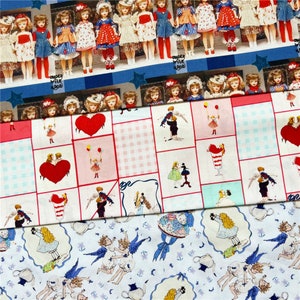 May include: Three fabric panels with different patterns. The top panel features a row of dolls in various dresses. The middle panel has a chequered pattern with hearts and a red and white striped drink. The bottom panel has a blue and white pattern with angels and teacups.