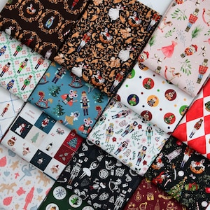 May include: A selection of Christmas-themed fabric swatches featuring diverse patterns. Designs include nutcrackers, ballerinas, and advent calendar squares. The colour palette includes red, green, black, and gold.