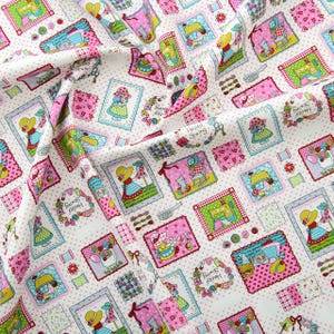 May include: White fabric with a repeating pattern of colorful squares. Each square features a different illustration of a girl sewing, a sewing machine, or other sewing-related items. The text "Happy Sewing" and "Sewing Craft" appears in some of the squares.