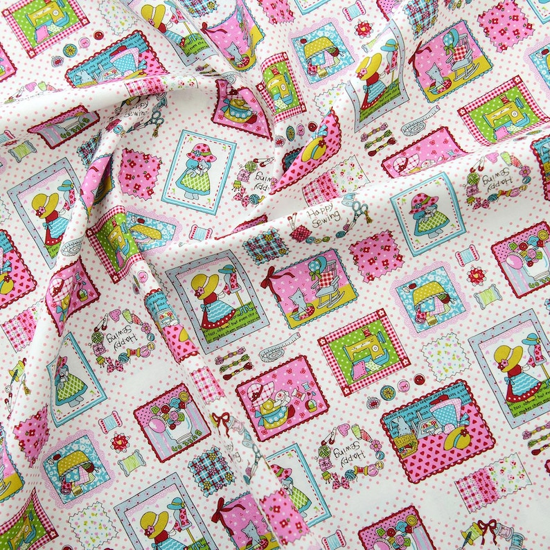 May include: White fabric with a repeating pattern of colorful squares. Each square features a different illustration of a girl sewing, a sewing machine, or other sewing-related items. The text "Happy Sewing" and "Sewing Craft" appears in some of the squares.