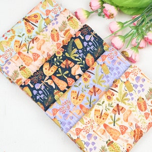 Cotton Insect flowers and plants butterfly printed fabric, Watercolor Flower Fabric, Floral Fabric,Handmade fabric for dresses diy Craft
