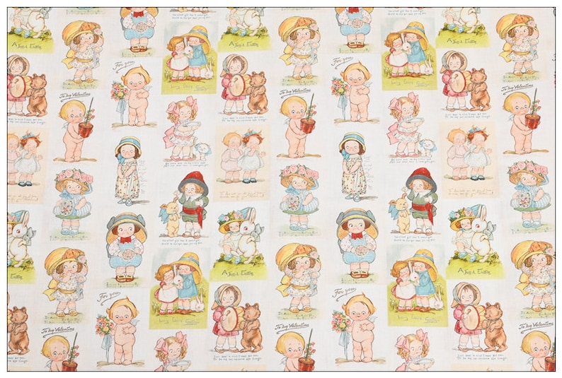 Pode incluir: Um fundo branco com um padr&atilde;o repetitivo de ilustra&ccedil;&otilde;es de crian&ccedil;as. As crian&ccedil;as est&atilde;o vestidas com diferentes roupas e segurando diferentes itens, como flores, um tambor, um urso de pel&uacute;cia e um coelho. As ilustra&ccedil;&otilde;es s&atilde;o em estilo vintage e t&ecirc;m um toque leve e caprichoso.