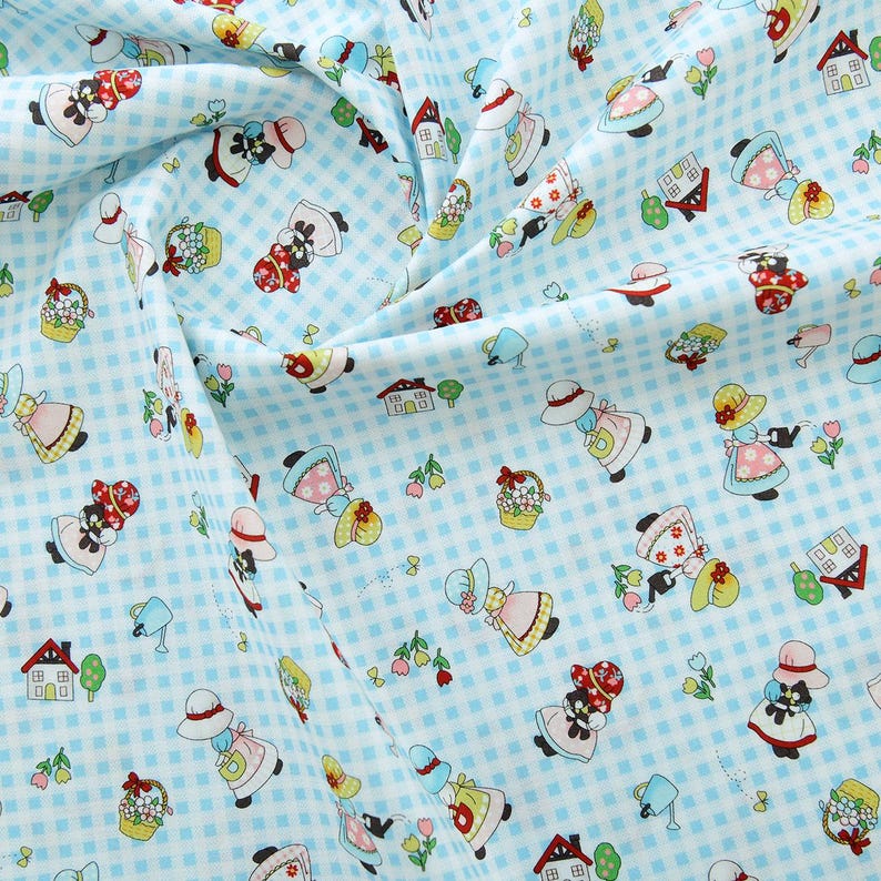 May include: Blue and white gingham fabric with a repeating pattern of girls in dresses and hats. The girls are carrying baskets, watering cans, and other gardening tools. There are also small houses and flowers in the pattern.