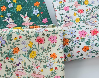 cotton Thin poplin fabric spring Floral Rabbit Cotton Fabric, Cute Mini Flower Printed Fabric, Dress, Children's Cloth, Quilted fabric