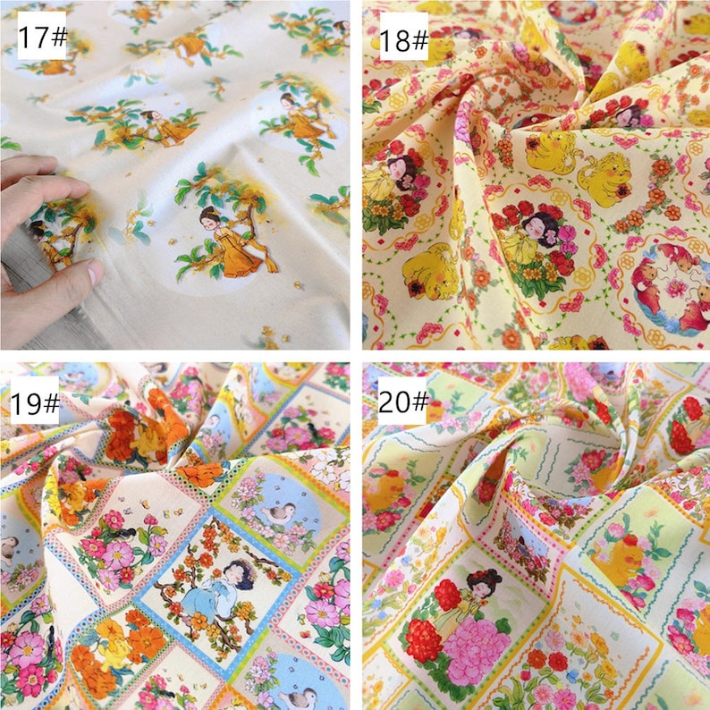Puede incluir: Cuatro muestras de tela con diferentes patrones que presentan a una ni&ntilde;a con un vestido y flores. Las muestras est&aacute;n etiquetadas con 17#, 18#, 19# y 20#.