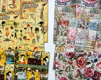 May include: Four fabric swatches with different patterns. The first swatch has a vintage floral pattern with a light brown background. The second swatch has a patchwork pattern with a pink, blue, and white color scheme. The third swatch has a floral pattern with a white background and pink roses. The fourth swatch has a Japanese-inspired pattern with a black, white, and gold color scheme.