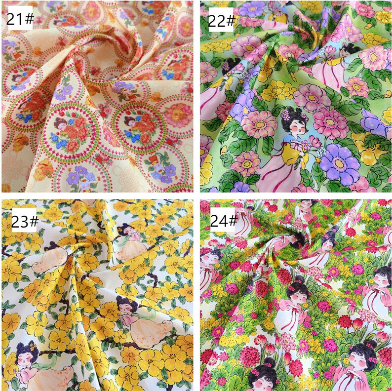 Puede incluir: Cuatro muestras de tela con diferentes patrones florales. Cada muestra presenta un patr&oacute;n repetitivo de flores y figuras en varios colores, incluyendo rosa, amarillo, verde y azul. Las muestras est&aacute;n etiquetadas con los n&uacute;meros 21, 22, 23 y 24.