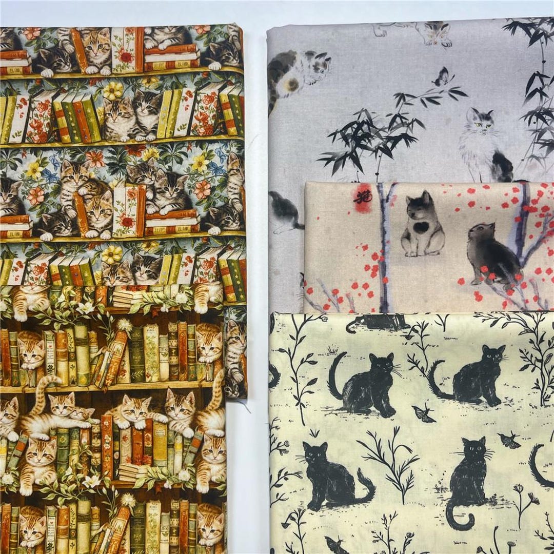 Vintage Bookshelf Cats Fabric - Multi Cat - Library Cats Printed ...