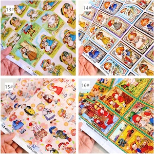 May include: Four different fabric swatches with a repeating pattern of children in various poses. The fabrics are all 100% cotton and feature a variety of colours and designs. The first fabric features a pattern of children in a garden setting. The second fabric features a pattern of children in a frame. The third fabric features a pattern of children in a field of flowers. The fourth fabric features a pattern of children in a winter scene.