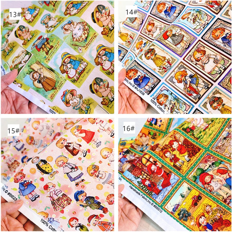 May include: Four different fabric swatches with a repeating pattern of children in various poses. The fabrics are all 100% cotton and feature a variety of colours and designs. The first fabric features a pattern of children in a garden setting. The second fabric features a pattern of children in a frame. The third fabric features a pattern of children in a field of flowers. The fourth fabric features a pattern of children in a winter scene.