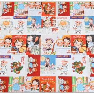 Pode incluir: Um tecido colorido com um padr&atilde;o repetitivo de an&uacute;ncios vintage de sopa Campbell's com crian&ccedil;as. Os an&uacute;ncios apresentam o texto "Canned Foods" e "Campbell Kids Coloring Book".