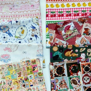 May include: Assortment of colourful fabric scraps featuring various patterns, including a pink and white gingham, a white fabric with a floral pattern, a white fabric with a cartoon animal pattern, a red and white gingham with a cartoon animal pattern, a green and white gingham with a cartoon animal pattern, and a green and white gingham with a cartoon animal pattern.
