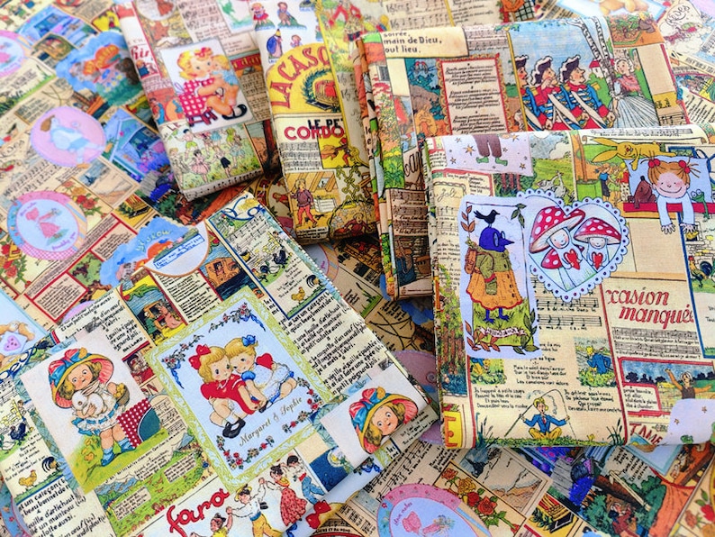 May include: A collection of fabric scraps featuring a variety of vintage illustrations and patterns. The fabrics are in shades of yellow, brown, pink, blue, and green. Some of the illustrations include children, animals, and musical notes. The text on the fabrics includes the words "fara", "CASO", "colfdo", "main de Dieu", "out lieu", "xasion", "manque", and "TAME".