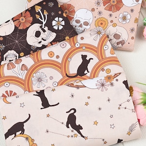 Skull Halloween Print Quilting Fabric - 100% cotton pumpkins Fabric -Black Cats Pumpkin fabric fabric Digital Print Craft Fabric Material