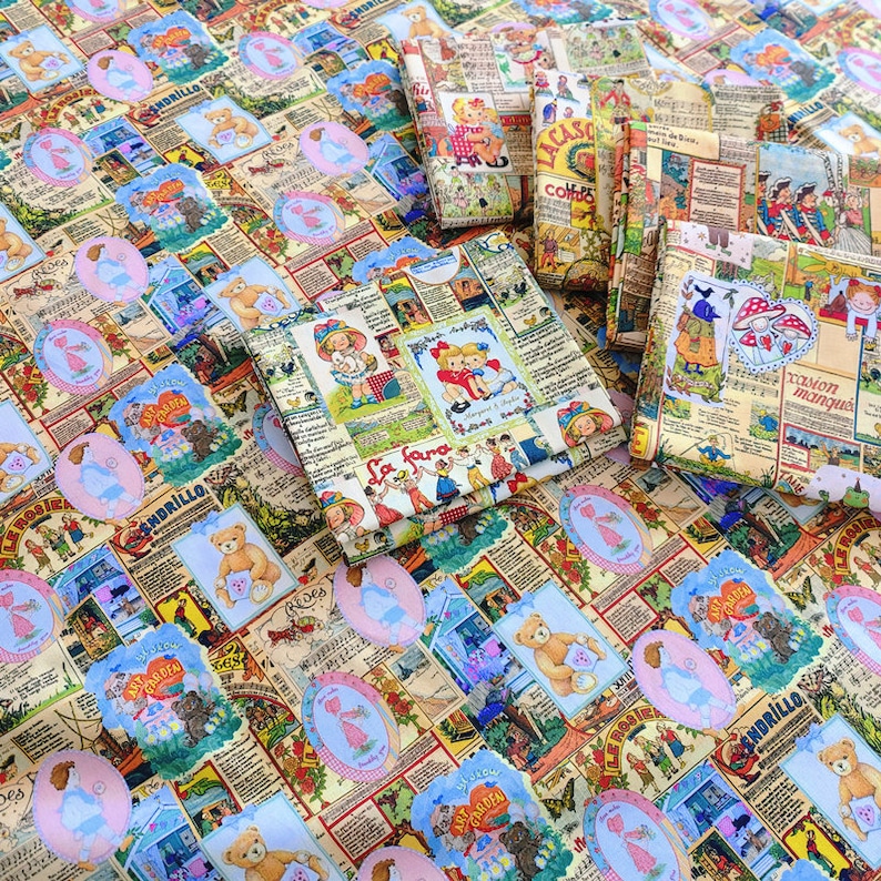 May include: A beige fabric with a repeating pattern of blue and pink circles containing illustrations of children and animals. The fabric features text in Spanish, including "La Fama" and "El Andorillo".