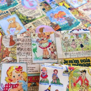 May include: A colorful fabric with a vintage aesthetic featuring illustrations of children, musical notes, and text in French. The fabric includes images of a teddy bear, a girl with a dog, and children playing in a circle. The text includes the words "Le Moi", "Trop s'est le d&eacute;", "Je m'en vais monage", and "Ronde".