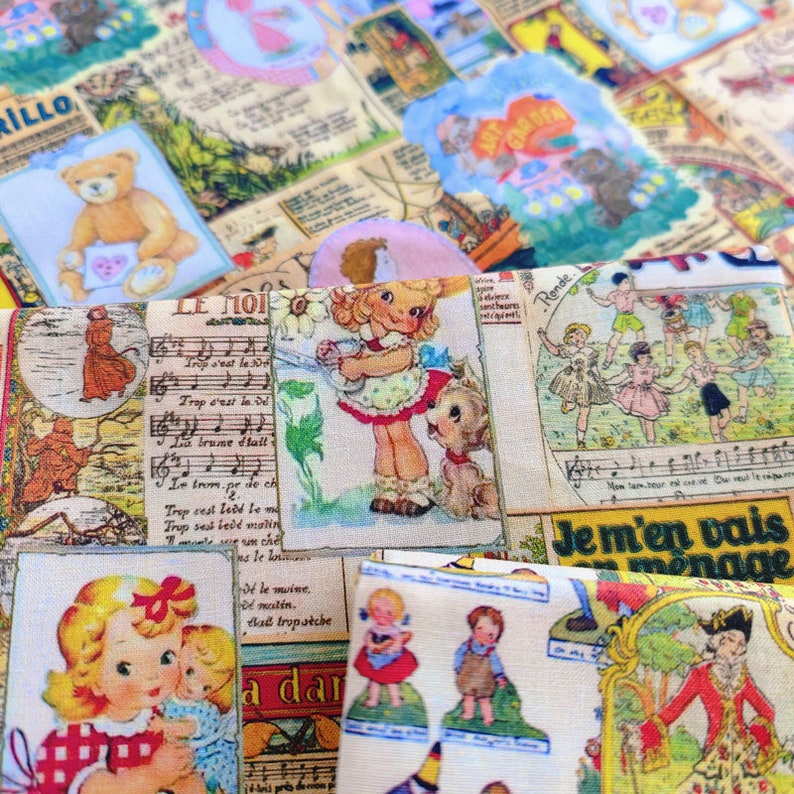 May include: A colorful fabric with a vintage aesthetic featuring illustrations of children, musical notes, and text in French. The fabric includes images of a teddy bear, a girl with a dog, and children playing in a circle. The text includes the words "Le Moi", "Trop s'est le d&eacute;", "Je m'en vais monage", and "Ronde".
