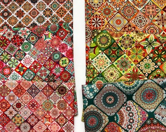 Vintage Bohemian Style Mandala 100% Cotton Fabric Sewing DIY Handmade，Vintage William Morris Cotton Fabric, quilting fabric By The Half Yard