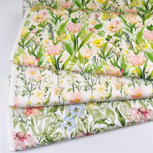 Tessuto di cotone popeline sottile, floreale, estivo, stampato con fiori selvatici, a righe rosa, con fiori selvatici e tulipani, tessuto fatto a mano