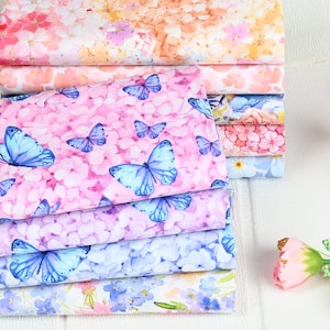 Cotton Butterfly flower queen printed fabric, Watercolor Flower Fabric, Hydrangea Floral Fabric,Handmade fabric for dresses diy Craft