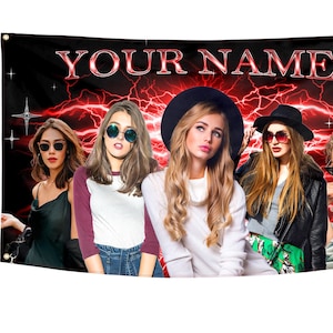 Puede incluir: Una bandera negra con rayos rojos y el texto "YOUR NAME" en blanco. Cinco mujeres aparecen en la bandera, cada una con un peinado diferente y gafas de sol.