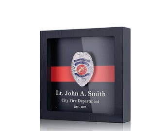Personalized Firefighter Badge Display Case 8x8 inches Custom Fire Department Retirement Gift Wooden Fire Badge Shadow Box