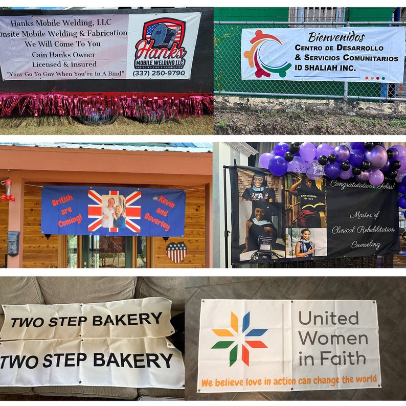 May include: A collage of images featuring various signs and banners. The top left image shows a sign for a mobile welding service. The top right image shows a sign for a community centre. The bottom left image shows a sign for a bakery. The bottom right image shows a sign for a women's group. The middle images show a banner with a Union Jack flag and a banner with a graduation message.