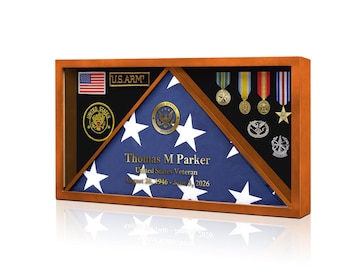 Personalized Military Memorial Flag Display Case Real Glass and Pine Wood Burial Flag Holder with Display Section for Badges Medals-Brown