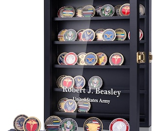 Military Challenge Coin Display Case 11x14IN, Medal Shadow Box with Real Glass and Pine Wood, Removable Shelves, Wall-Mount Coin Holder