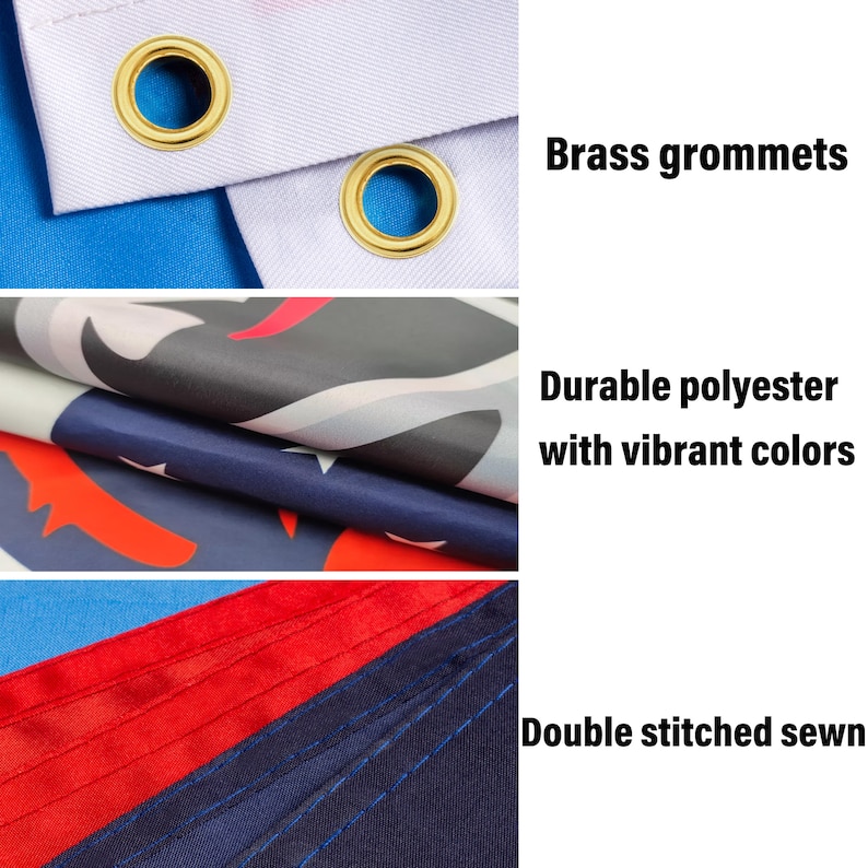 May include: Close-up of a flag with brass eyelets, double stitched seams, and vibrant colours. The flag is made of durable polyester.