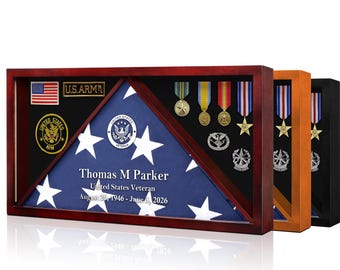 Personalized Military Memorial Flag Display Case Real Glass and Pine Wood Burial Flag Holder with Display Section for Badges Medals
