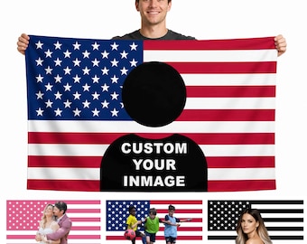 Custom American Flag Tapestry Personalized Wall Hanging with Photo Logo Text for Dorm Bedroom Living Room Home Decor Photo Background