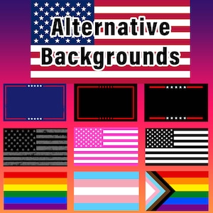 Puede incluir: Un collage de diferentes dise&ntilde;os de banderas, incluyendo la bandera estadounidense, una versi&oacute;n en blanco y negro de la bandera estadounidense, una versi&oacute;n rosa y blanca de la bandera estadounidense, una bandera del orgullo arco&iacute;ris, una bandera del orgullo transg&eacute;nero y una bandera del orgullo bisexual. El texto "Alternative Backgrounds" est&aacute; escrito en letras blancas en negrita sobre la bandera estadounidense.