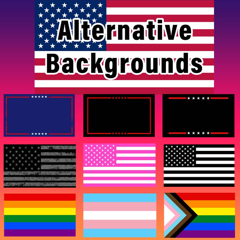 Puede incluir: Un collage de diferentes dise&ntilde;os de banderas, incluyendo la bandera estadounidense, una versi&oacute;n en blanco y negro de la bandera estadounidense, una versi&oacute;n rosa y blanca de la bandera estadounidense, una bandera del orgullo arco&iacute;ris, una bandera del orgullo transg&eacute;nero y una bandera del orgullo bisexual. El texto "Alternative Backgrounds" est&aacute; escrito en letras blancas en negrita sobre la bandera estadounidense.