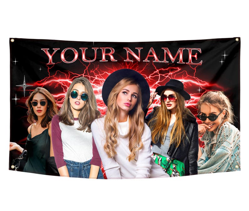 以下が含まれることがあります： 赤い稲妻と白い文字「YOUR NAME」が書かれた黒い旗。旗には、それぞれ異なる髪型とサングラスをかけた5人の女性が描かれている。