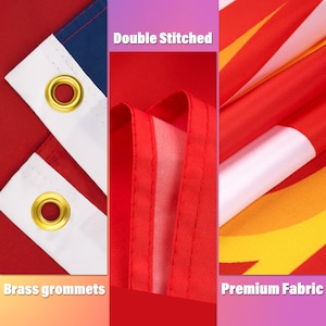 Puede incluir: Primer plano de una bandera roja, blanca y amarilla con un dise&ntilde;o de llama. La bandera est&aacute; cosida doblemente y tiene ojales de lat&oacute;n. El texto "Double Stitched" y "Premium Fabric" es visible en la imagen.