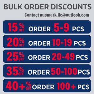 May include: A graphic with a blue background and white text showing bulk order discounts for a product. The discounts are 15% off for orders of 5-9 pieces, 20% off for orders of 10-19 pieces, 25% off for orders of 20-49 pieces, 35% off for orders of 50-100 pieces, and 40% off for orders of 100 or more pieces.